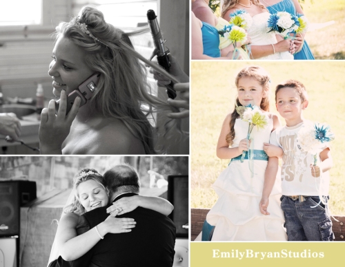 Collage of photos from the Buckner Wedding. The bride getting ready, bridesmaids holding their bouquets, the bride hugging her father at the dance, and cute kids holding flowers at the wedding.