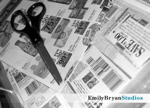 Scissors, coupons, and a sale flyer