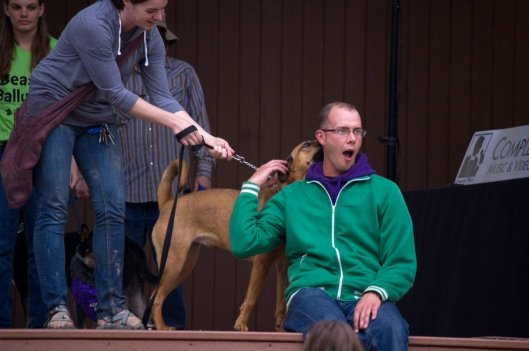 Man getting licked on the ear by a dog.
